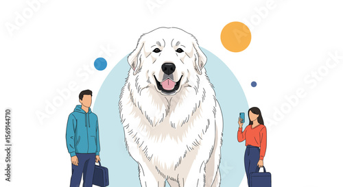 Giant fluffy white dog stands proudly with two small people beside it illustrating the concept of large pets companionship and everyday life adventures