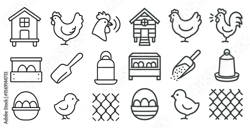 Collection of farm-related icons, including a chicken, a chicken coop, and a chicken feeder