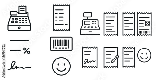 Collection of black and white icons for a cash register. The icons include a smiley face, a signature, a receipt, a barcode, and a check