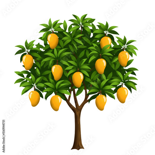 A mango tree design featuring ripe fruit hanging among the leaves, ideal for representing tropical agriculture or healthy food concepts.