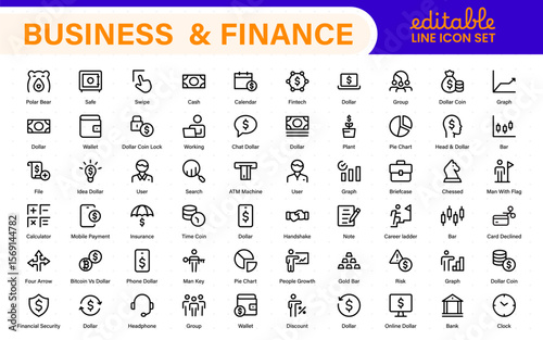 Finance and business line icons collection. Big UI icon set in a flat design. Thin outline icons pack.
