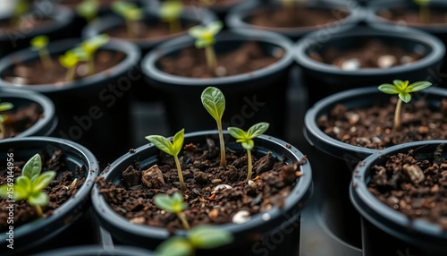 Tiny green sprouts emerge from soil in black plastic pots,  delicate,   photo