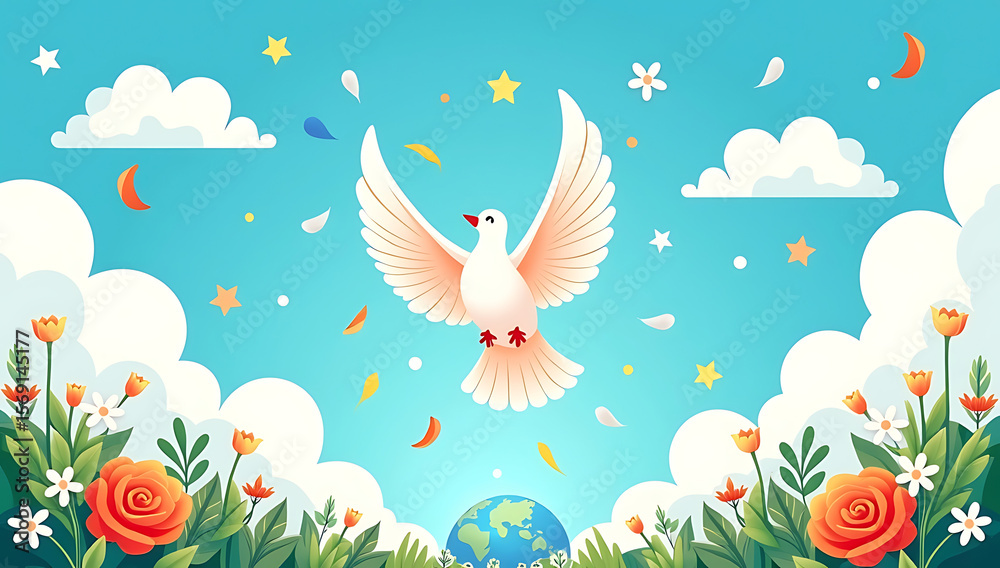 Obraz premium A peaceful dove flying above a colorful garden with flowers, stars, and a small globe, symbolizing global peace, 4K and HD image.