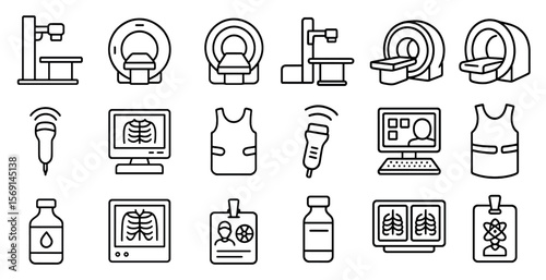 Set of medical icons including a CT scan, MRI, and ultrasound. The icons are all in black and white