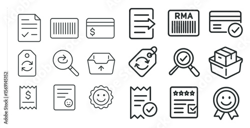 Set of icons for a business card, credit card, and receipt. The icons are all in black and white and include a magnifying glass, a smiley face, and a box