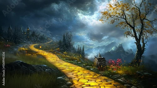 Yellow brick road winding through a mystical landscape, with a dark-hued town nestled in the hills