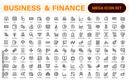 Finance and business line icons collection. Big UI icon set in a flat design. Thin outline icons pack.