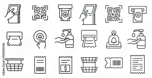 Collection of icons for various shopping and payment-related items, such as a shopping cart, a barcode scanner, a ticket, and a bell