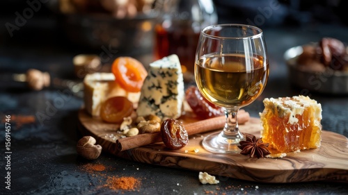 Wine pairing elegance with golden dessert wine in crystal glass accompanied by artisanal cheese selection, honeycomb, dried fruits and aromatic spices on wooden board