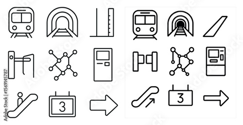 Set of icons for a train station, including a train, a tunnel, a ticket machine, and a clock