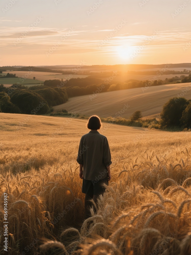 Fototapeta premium A person stands in a wheat field, facing a beautiful sunset over rolling hills.