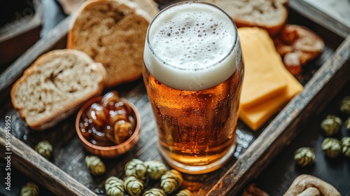 Craft beer food pairing composition showing golden brew in textured glass on weathered wood board with aged cheese bread and hops