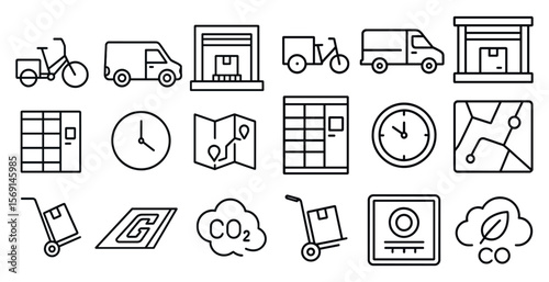 Collection of icons for various modes of transportation and delivery services. The icons include a bicycle, a truck, a van, a bicycle with a box on it, a bicycle with a box on it