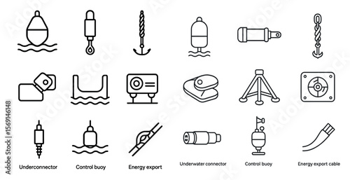 Collection of water-related icons, including a buoy, a life preserver, and a compass