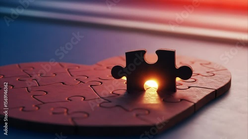 A hand placing the final puzzle piece into a heart-shaped puzzle, symbolizing love and connection, with warm light illuminating the scene in a cozy environment