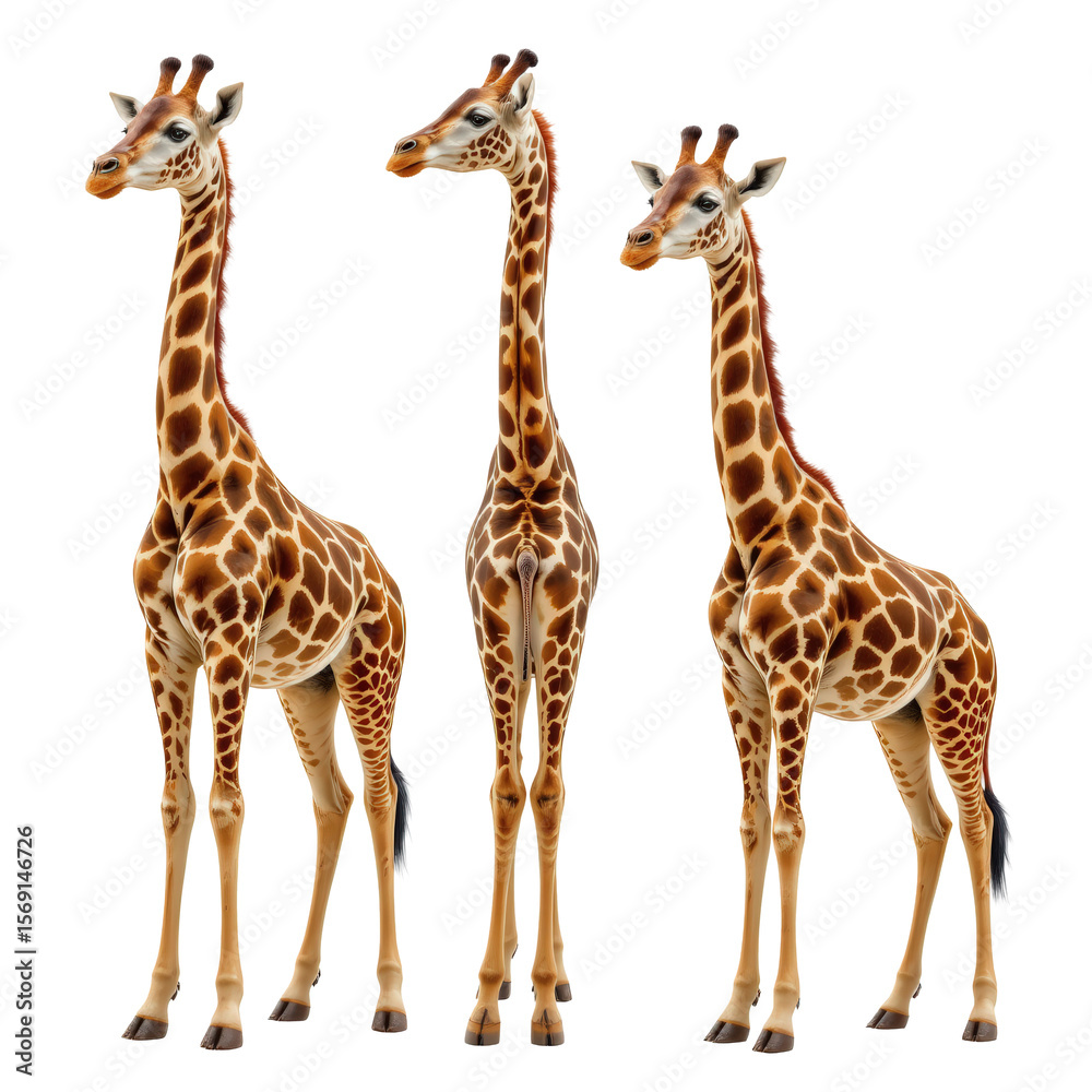 Naklejka premium Three Realistic Giraffes Standing Side by Side with Long Necks and Distinctive Spot Patterns, Isolated on White