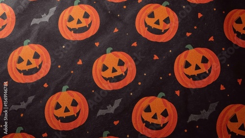 Pattern of Halloween pumpkin faces with bats and ghosts on black backg