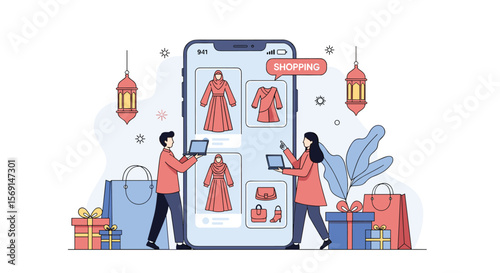 People Using Mobile Phones for Online Shopping Discovering New Clothes and Gifts with Festive Decorations Around Them Illustrating E Commerce Convenience