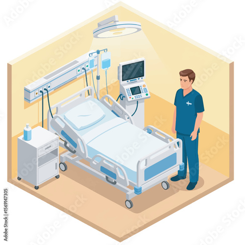 Hospital Room Isometric Illustration Patient Bed and Medical Equipment for Healthcare Design