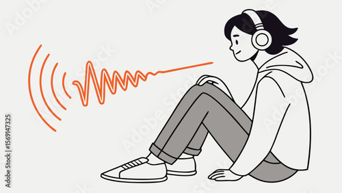 Young person wearing headphones listening to music or podcast with sound waves emanating