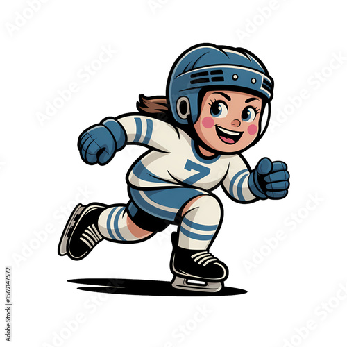 Young girl skating and playing hockey with a puck on the ice in a joyful setting