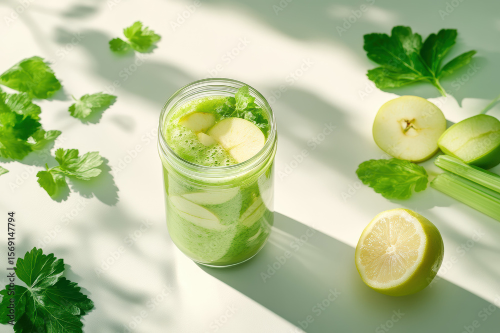 A vibrant green detox smoothie with celery, green apple, and lemon. The crisp, modern composition highlights transparency and dramatic shadows, capturing the essence of healthy living. A vibrant green detox smoothie with celery, green apple, and lemon. The crisp, modern composition highlights transparency and dramatic shadows, capturing the essence of healthy living.