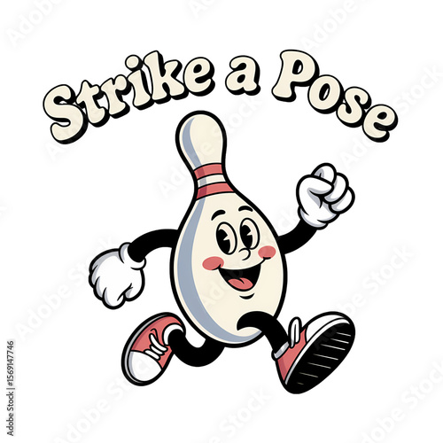 Bowling pin character in motion celebrating with fun expression and active pose in a playful style