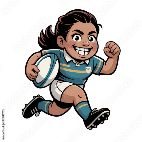 Young athlete showcases determination while running with rugby ball on field during afternoon practice session