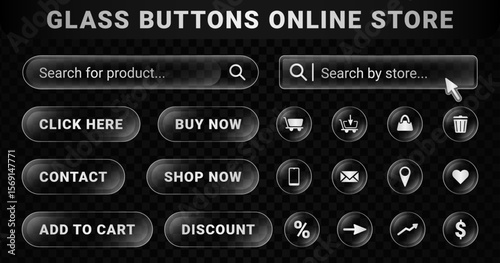 Set of user interface transparent buttons online store or shop on a liquid glass style. UI purchase symbol blur effect collection. Add to cart, shop now, click here icons
