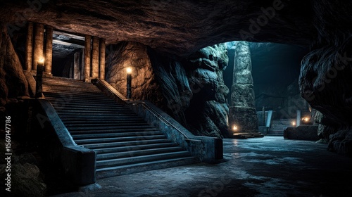 Exploring an ancient underground temple mysterious cave 3d render dark environment dramatic lighting