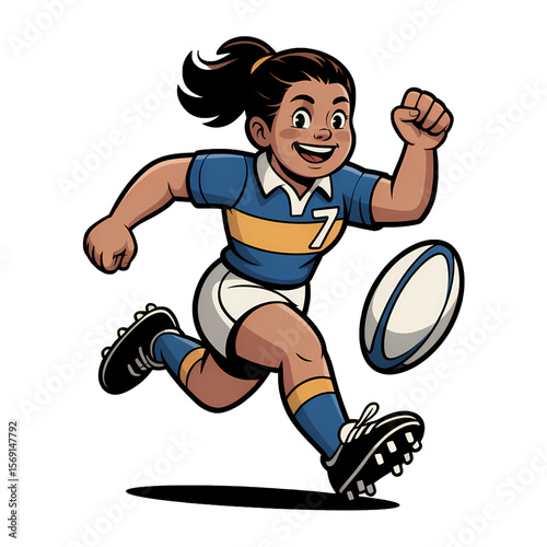 Young athlete showcases determination while running with rugby ball on field during afternoon practice session