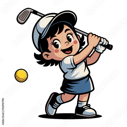 Young girl happily playing golf on a sunny day while practicing her swing at a local course
