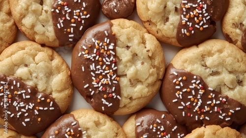 Surface of chocolate dipped cookies with sprinkles, sweet dessert trea