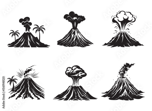 Volcano eruption volcanic mountains with smoke clouds set collection pack black icon silhouette vector flat illustration design on white background