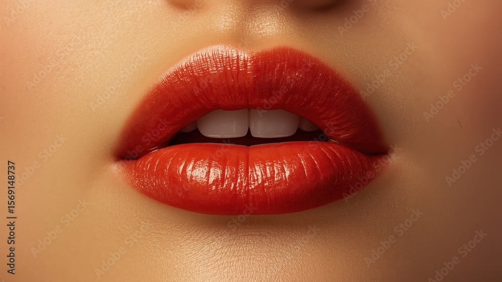 Surface of close-up red lips slightly open with shiny smooth lipstick, Surface of close-up red lips slightly open with shiny smooth lipstick,