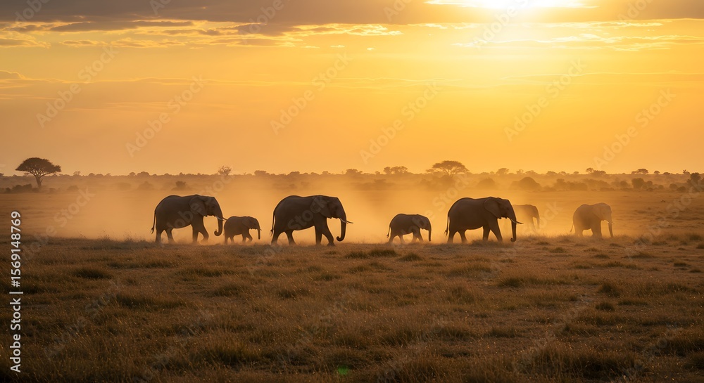 Fototapeta premium African Elephant Herd Walking Through Golden Savanna at Sunset, Kicking Up Dust