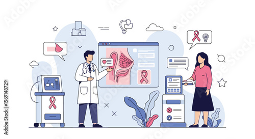 Medical Professional Explains Complex Health Information About Bone Marrow Health to Patient Using Digital Displays and Diagnostic Equipment