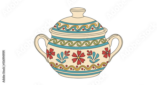 A beautiful ornate ceramic sugar bowl adorned with intricate floral patterns and a decorative lid showcasing traditional artistry and craftsmanship