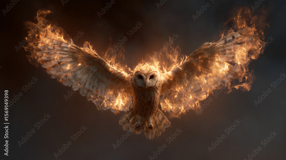 Obraz premium A burst of fire taking the form of an owl mid-flight