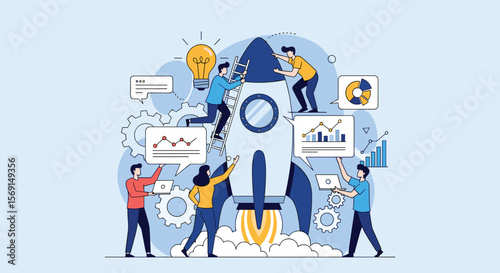 Innovative Business Startup Team Collaborating on a Successful Rocket Launch Strategy and Project Development