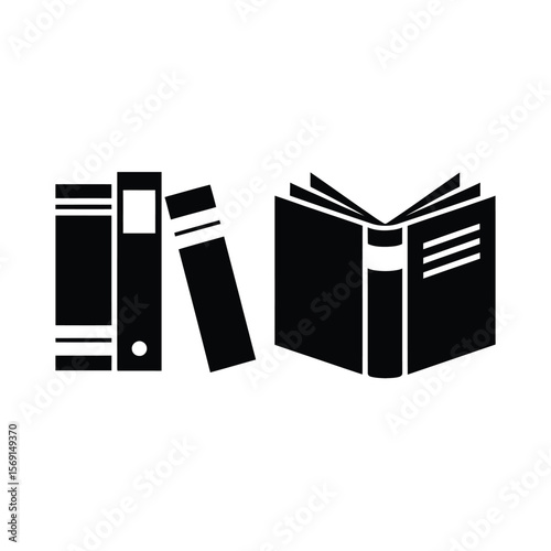 Black and White Book Icons with Open and Closed Book Illustrations
