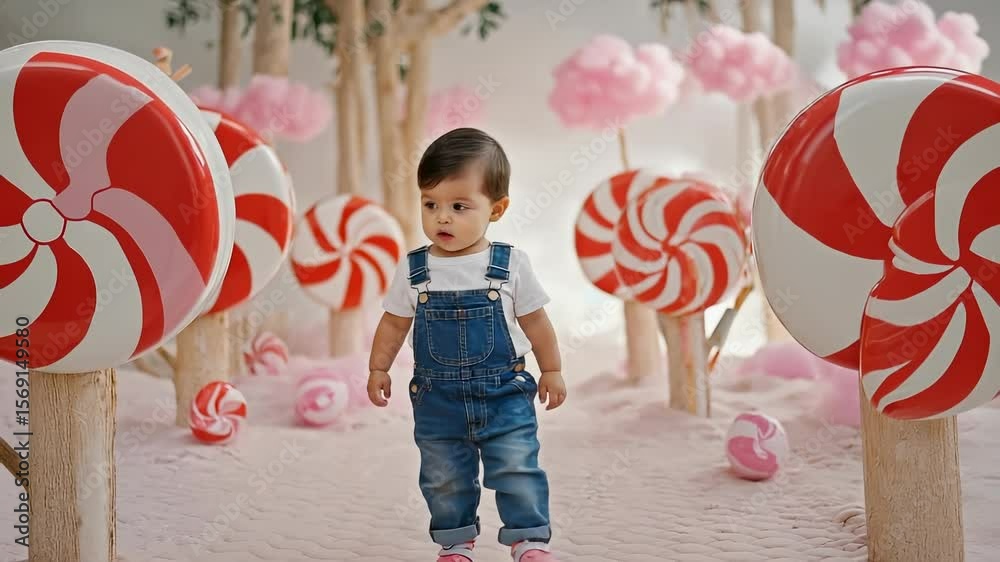 A cute toddler boy walks through a vibrant candy forest, surrounded by colorful peppermint trees and fluffy cotton candies. His amazed expression captures the wonder of this dreamland