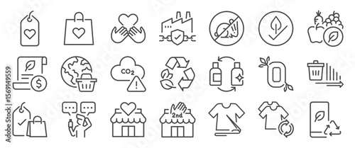 Ethical consumerism icon set. It included Fair Trade Product, Cruelty-Free, Eco Label, Local Product, and more icons. Editable Vector Stroke.
