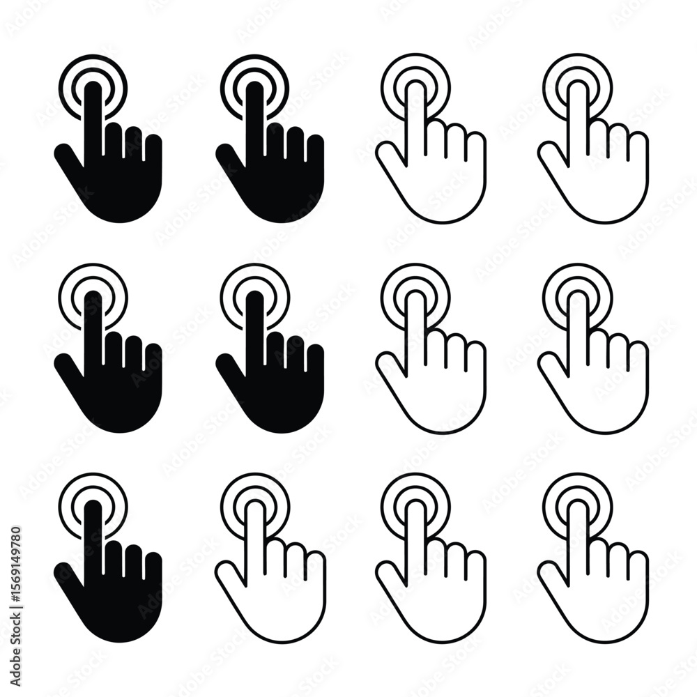 Fototapeta premium Black and White Touchscreen Hand Icons in Grid Pattern