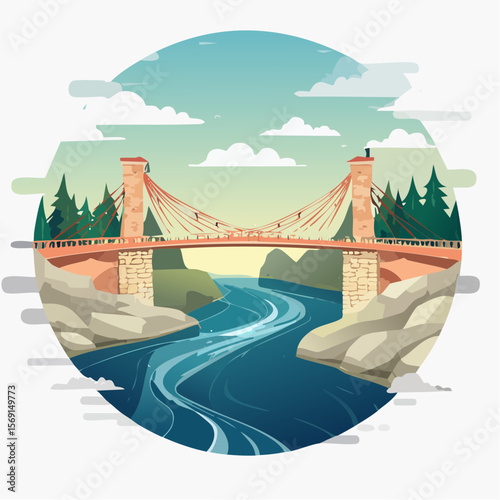 illustration of river with stone wall & bridge