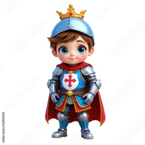 Cute Cartoon Boy in Knight Outfit with Silver Armor, Blue Cape, and Gold Crown, Perfect Hero Character Design