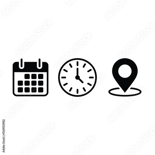 Calendar Clock and Location Icons in Black time schedule