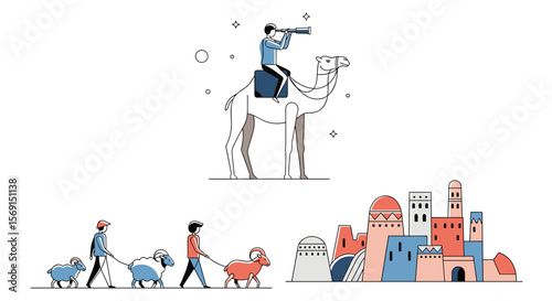 Shepherds guiding livestock through ancient landscapes on a journey toward a distant settlement under a vast sky