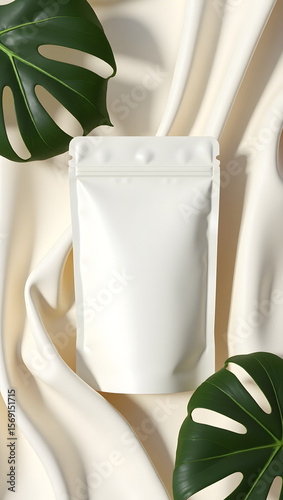 Premium Flat Pouch Mockup on Elegant Fabric with Tropical Leaves