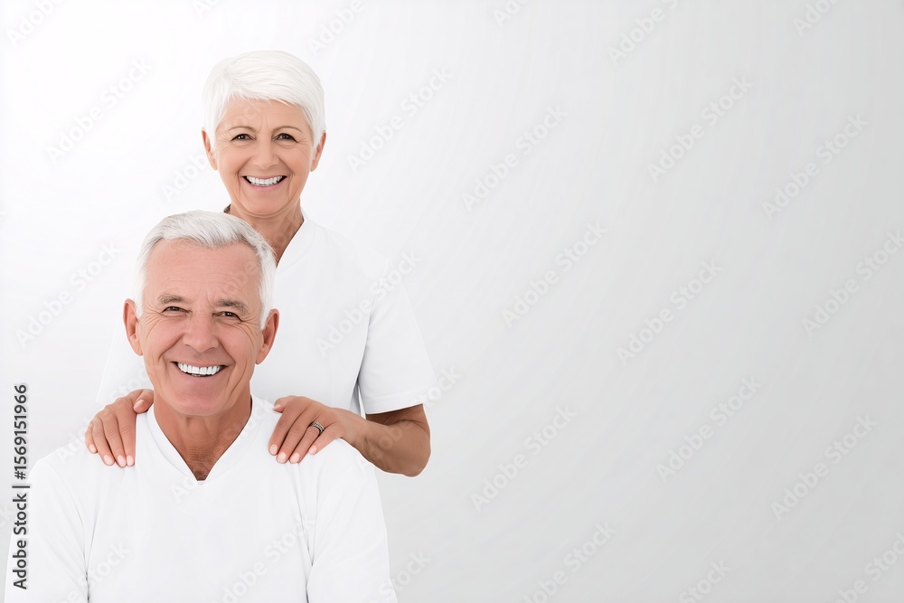 cheerful senior couple in white clothing with hands on shoulders cheerful senior couple in white clothing with hands on shoulders